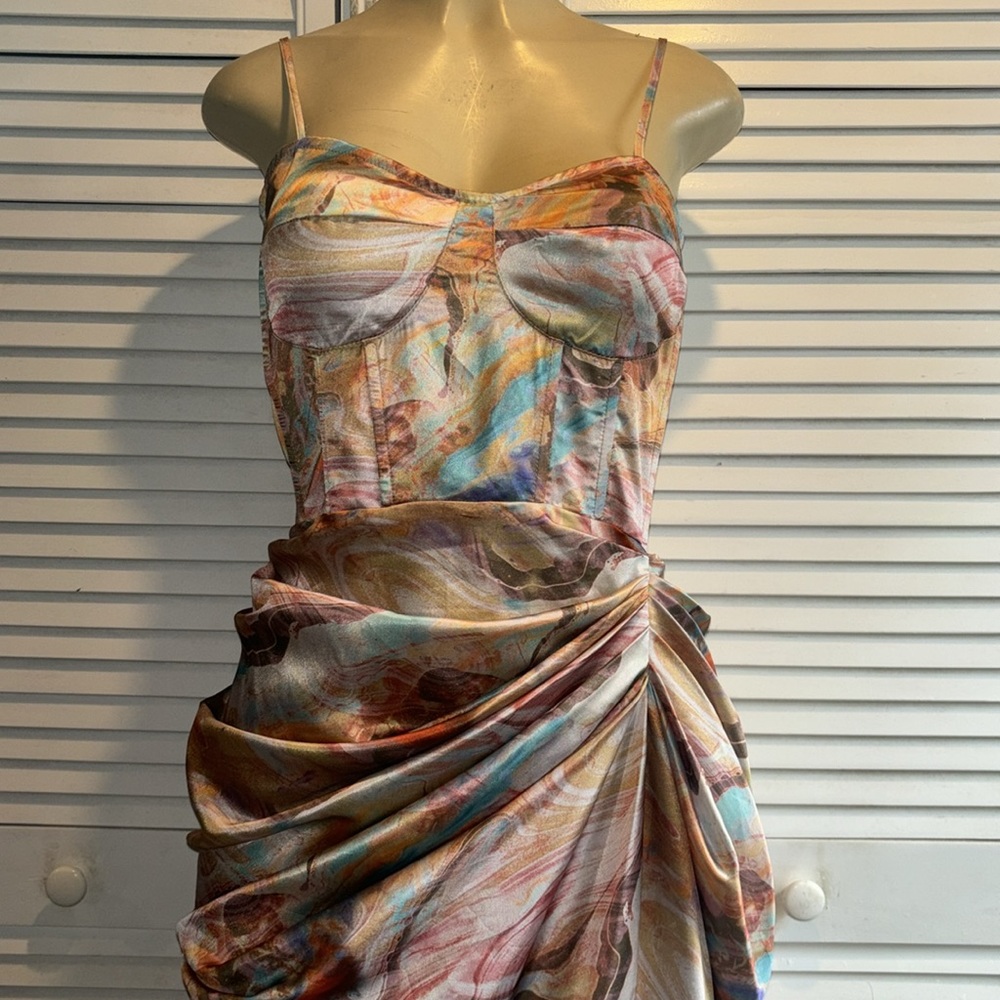 Multi Marble Print Satin Ruched Skirt Corset Detail Midi Dress size 6 - Picture 8 of 12